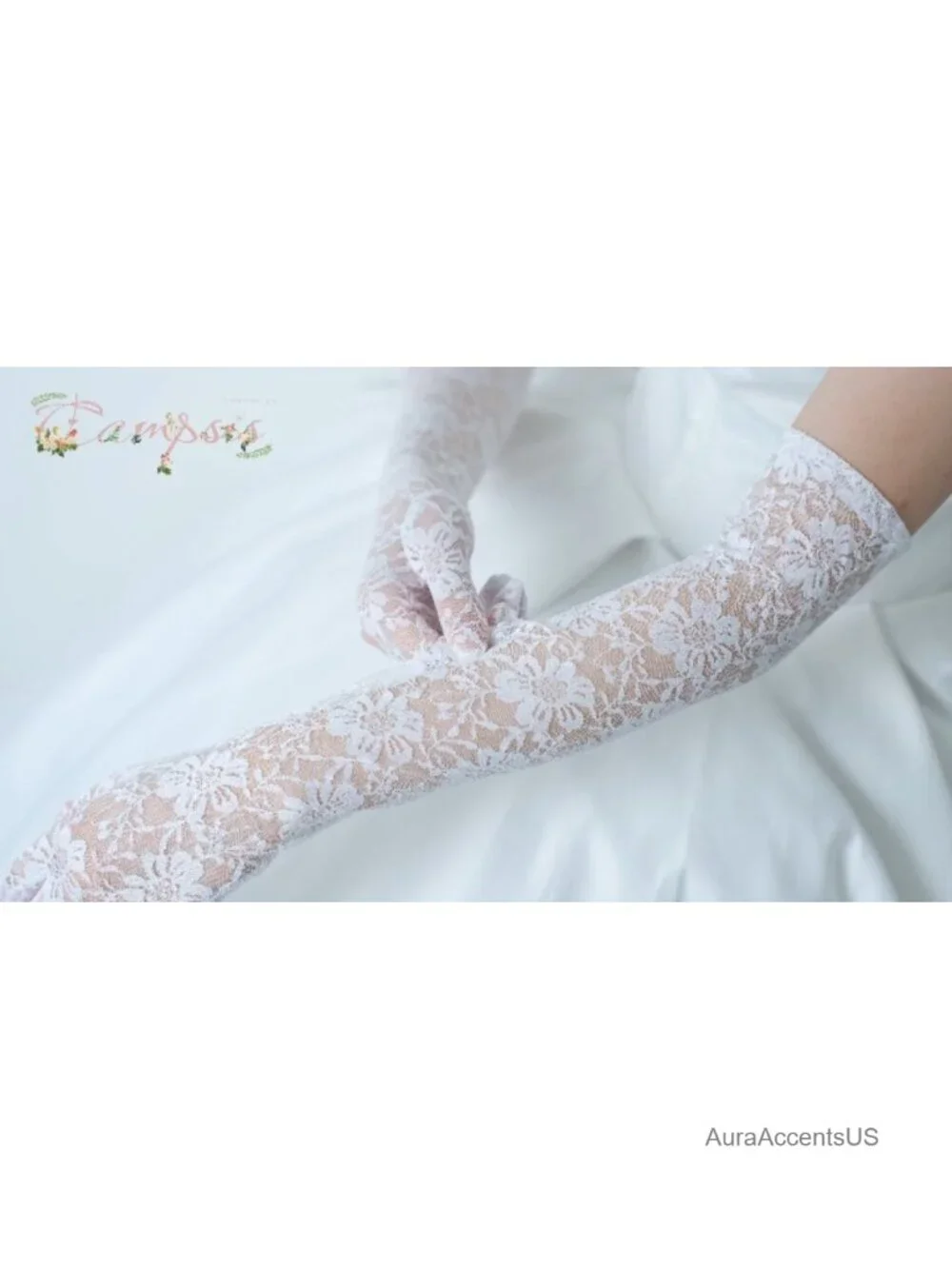 Campsis White Lace Gloves for Women Bridal Wedding 1920s Floral Long Opera